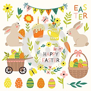 Set of Happy Easter,  with cute bunnies and flowers. Vector
