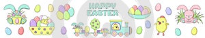 Set of Happy Easter design elements - painted eggs, chicken, rabbit, train, flower, grass with sign. Stock vector