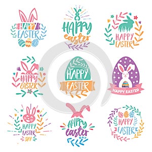 Set Happy Easter Egg Spring Script Lettering Logo Icon Vector Background Template.