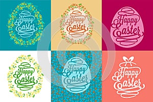 Set of Happy Easter greetings card calligraphic lettering with egg and floral wreath