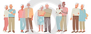 Set of happy elderly couples. Seniors, mature man and woman, spouses of different races together