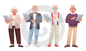 Set of happy elderly men and women holding a tablet computer in their hands. Internet surfing and working in a mobile application