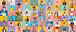 Set Of Happy Excited Multicultural Males And Females Posing Over Bright Backgrounds