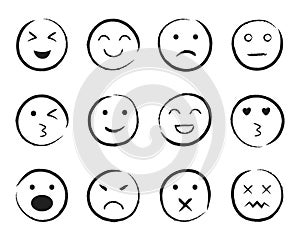 Set of happy face hand drawn style. Sketch smiley, sad, angry face doodle icon. Emoji emoticon for social media. Cartoon people