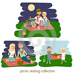 Set of Happy family picnic resting. Young couple outdoors. Summer family picnic. Vector Illustration.