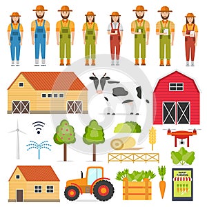 Set of happy farmers and smart Farming elements
