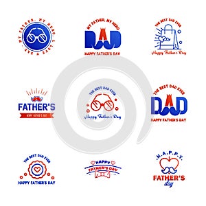 Set of Happy Fathers day elements 9 Blue and red. Vector illustration