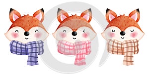 Set of happy foxes with autumn scarves clipart. Cute autumn animals head illustrations.Watercolor animals clipart