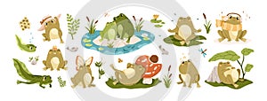Set of happy frogs, funny toads and cute tadpoles. Set of childish froggy characters with pond, water, leaf, insect and