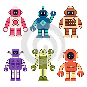 Set happy funny cartoon childish robots line icons. Machine technology cyborg. Futuristic humanoid characters set