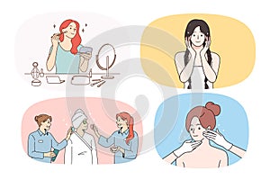 Set of happy girls do face beauty treatment