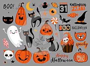 Set of Happy Halloween design elements. Halloween logos, badges, labels, icons, objects. Vector illustration EPS 10