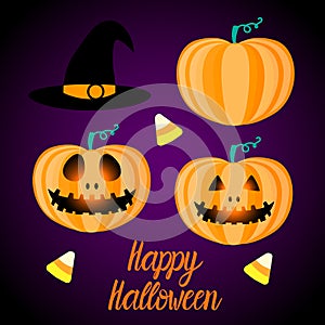 Set Happy Halloween design. Flat Jack pumpkin lantern. Vector illustration on a dark background.