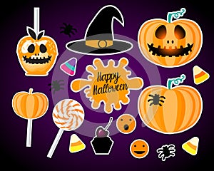 Set Happy Halloween design. Jack pumpkin lantern. Vector illustration on a dark background.