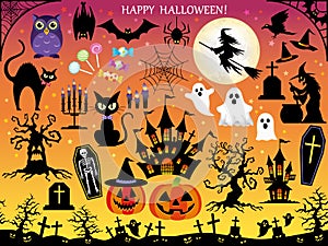 Set Of Happy Halloween Vector Design Elements Placed On A Gradation Background.