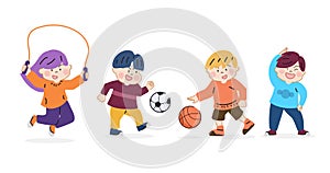 Set happy little boy and girl performing sports activities, fitness workout or exercising. Cartoon hand drawn character vector