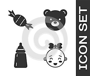 Set Happy little girl head, Candy, Baby bottle and Teddy bear plush toy icon. Vector