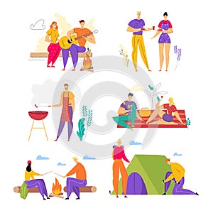 Set of Happy Loving Couples Spend Time Together Outdoors, Men and Woman Having Fun in Camping, Barbeque