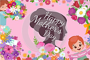 Set of Happy mothers day cards with greeting text and kids, baby boy and girl with bouqkuet of flowers in flat style