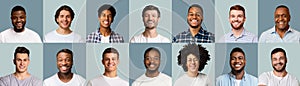 Set of happy multiracial men smiling on blue backgrounds