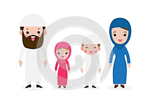 Set of happy Muslim family in national dress, arab muslim Parents with children, mother, father, son, and daughter cute cartoon