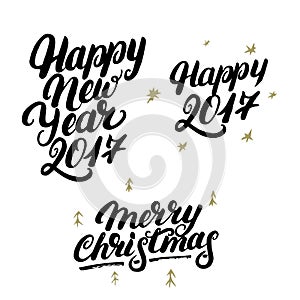 Set of Happy New Year 2017 and Merry Christmas hand written lettering.