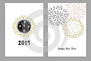 Set of Happy New Year 2019 greeting cards, party invitations with hand drawn clocks and fireworks. Isolated vector