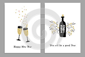 Set of Happy New Year greeting cards, party invitations with hand drawn wine glasses, bottle and confetti stars