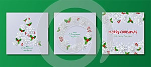 Set of happy new year and Merry Christmas greeting card or background,paper art snowflakes with berry for decorative holiday