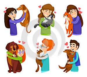 Set of happy people adopting pets from a shelter isolated on white background photo