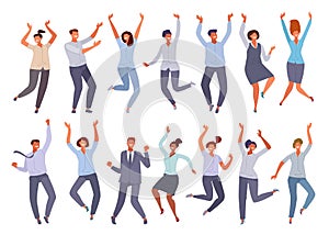 Set of happy people exulting and enthusiastically rejoicing in business success. Men and women, office staff rejoice