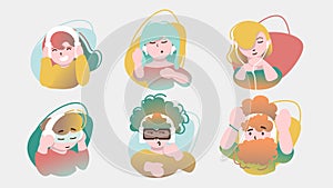 Set of Happy People Listening Music. Wireless Headphones. Isolated Male and Female Portraits in Modern Flat Style. Social Media