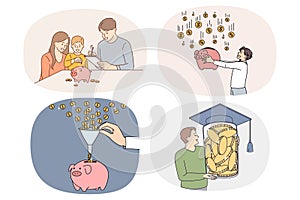 Set of happy people save money in piggybank