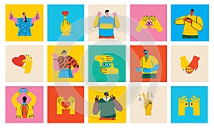 Set of happy people showing various positive emotions with gestures. Ok sign, thumbs up, victory fingers and hand heart