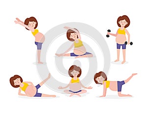 Set of happy pregnant woman with exercising. Prenatal exercise healthy lifestyle concept. pregnancy sport fitness. people flat