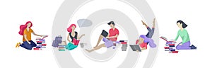 Set of happy relaxed learning and reading people outdoor park for online education, training and courses. Modern vector photo