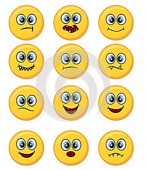 Set of happy, smile, laughing, joyful, sad, angry and crying faces yellow emoticons