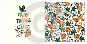 Set of Happy Thanksgiving card and pattern for holiday packaging, home decor and textiles with country house, pumpkins