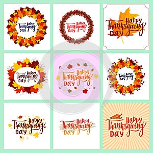 Set of Happy Thanksgiving day greeting card. Hand lettering. Autumn leaves of maple, wreath, turkey