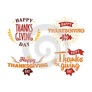 Set of happy thanksgiving day text with autumn fall twigs tree illustration. Logo, badge, sticker, banner, icon, card vector