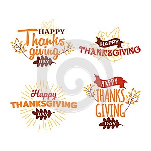 Set of happy thanksgiving day typography with autumn fall twigs tree illustration. Logo, badge, sticker, banner, card vector