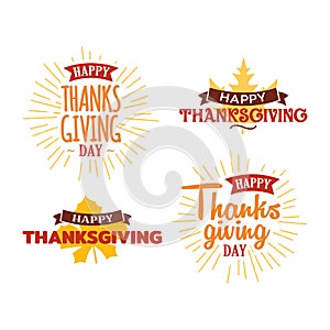 Set of happy thanksgiving day typography text with dried leave background. Autumn fall concept design. Logo, badge, sticker, icon