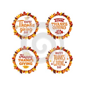 Set of happy thanksgiving typography text with autumn fall leaves frame ornament. Logo, icon, banner, badge, sticker vector design