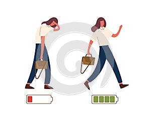 Set of happy and unhappy female office workers and vital power or battery charge indicator. Energetic and tired or