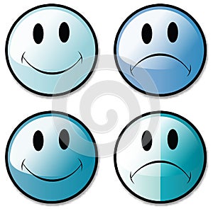 A Set Of Happy and Unhappy Smiley Face Buttons, or