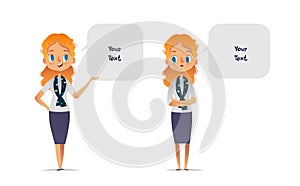 Set of happy and unhappy women or scout troop leaders dressed in smart clothes and speech bubbles with place for text