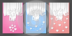 Set of Happy Valentine`s Day banners with letters cut out of white paper. Banners with valentines symbols: hearts and arrows.