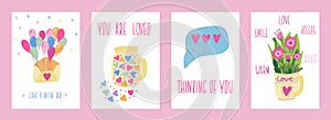 Set of Happy Valentines Day card hand drawn elements and lettering background template. Romantic vector illustration