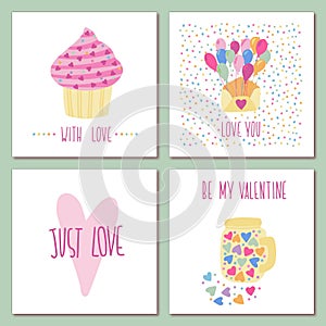 Set of Happy Valentines Day card hand drawn elements and lettering background template. Romantic vector illustration