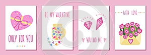 Set of Happy Valentines Day card hand drawn elements and lettering background template. Romantic vector illustration